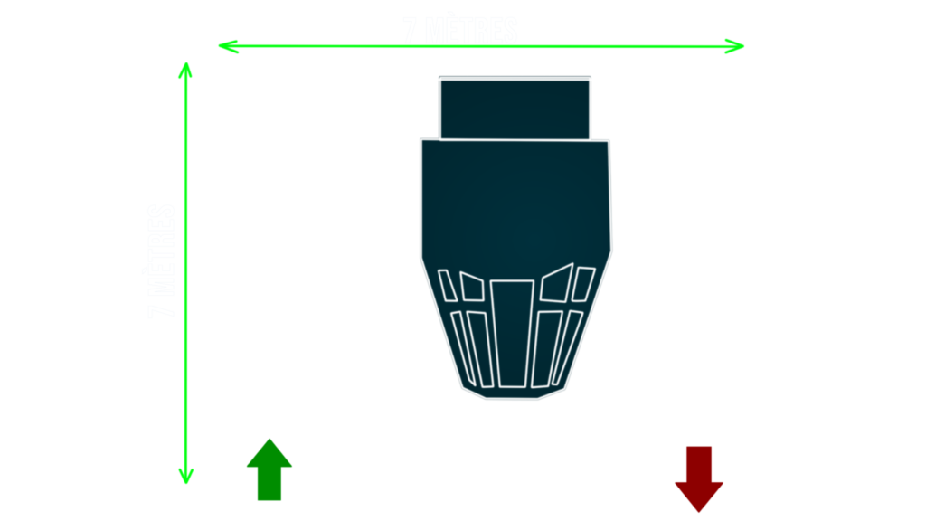Plan au sol — 7 m × 7 m, flux entrée / sortie